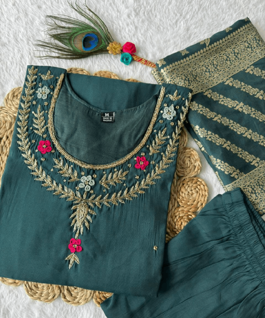 Designer Kurti Pant Dupatta Set in Premium Roman Silk with Handwork