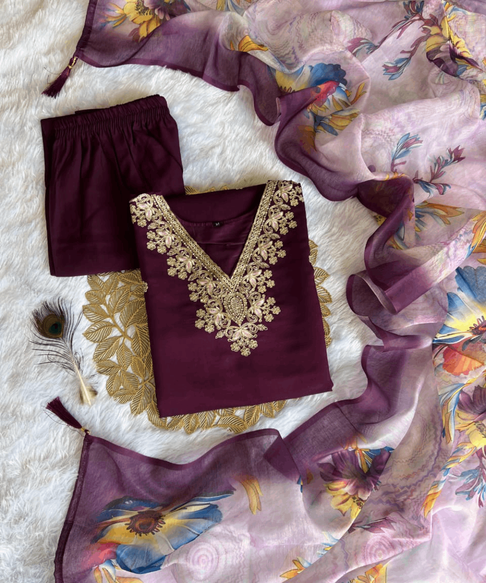 Designer Wine Roman Silk Kurti Set with Chanderi Dupatta and Embroidery