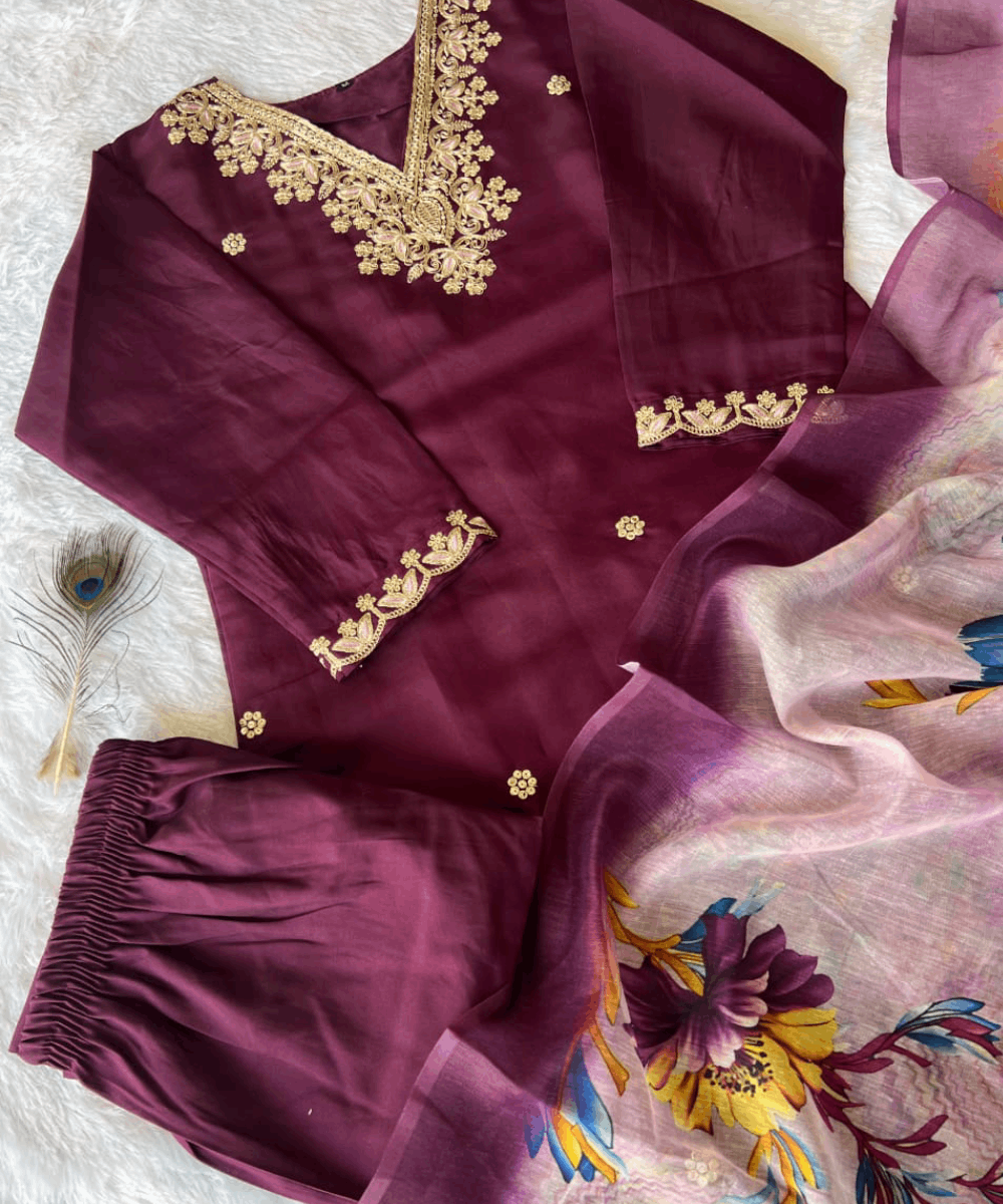 Designer Wine Roman Silk Kurti Set with Chanderi Dupatta and Embroidery