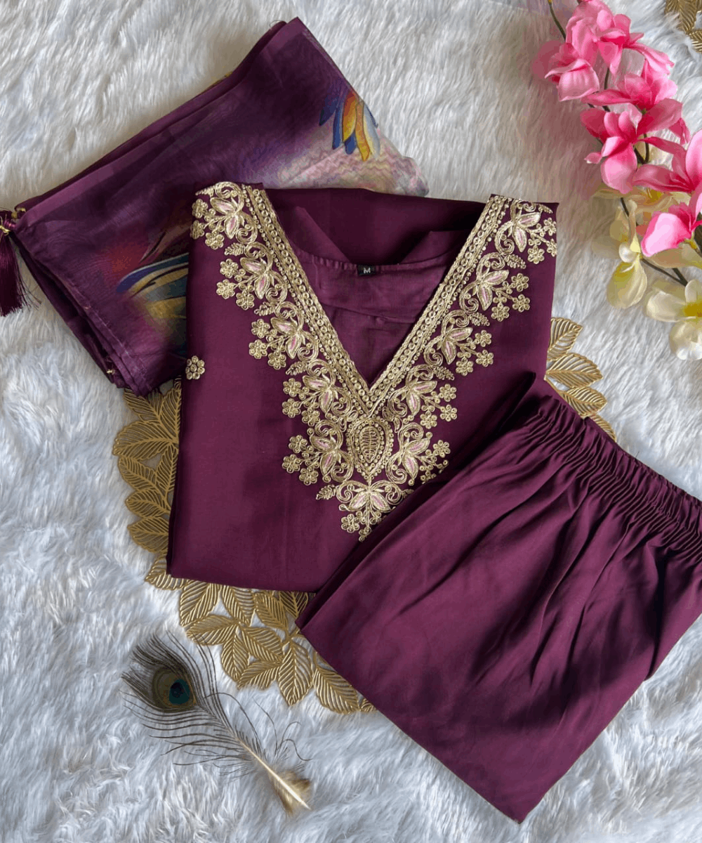 Designer Wine Roman Silk Kurti Set with Chanderi Dupatta and Embroidery