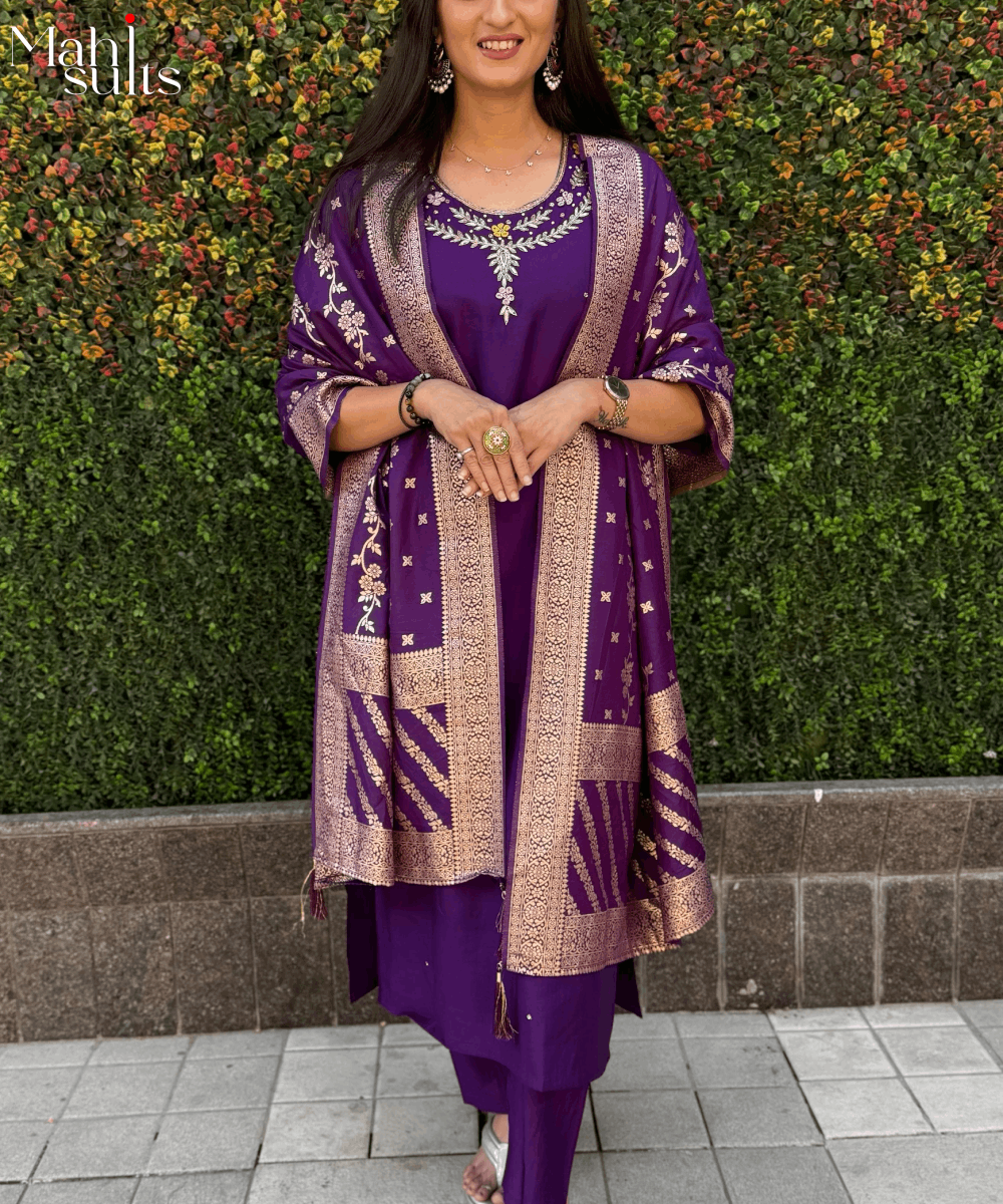 Elegant Roman blueSilk Kurti Set with Handcrafted Detailing & Jacquard Dupatta