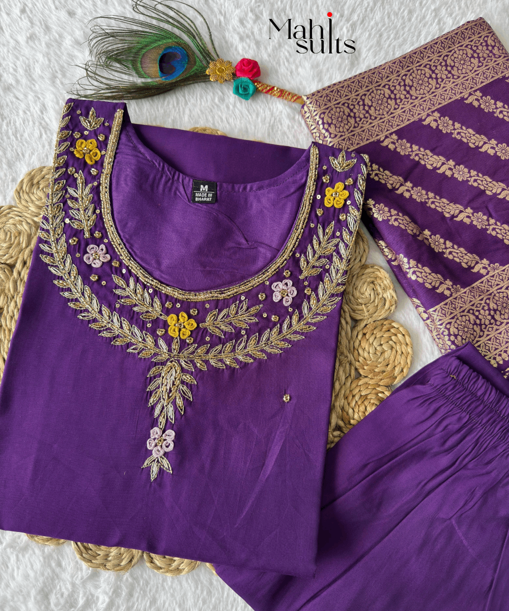 Elegant Roman blueSilk Kurti Set with Handcrafted Detailing & Jacquard Dupatta