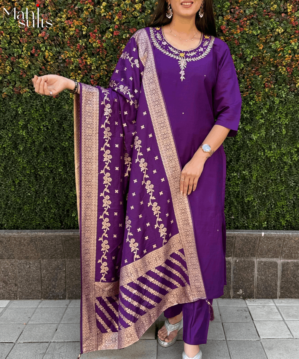 Elegant Roman blueSilk Kurti Set with Handcrafted Detailing & Jacquard Dupatta