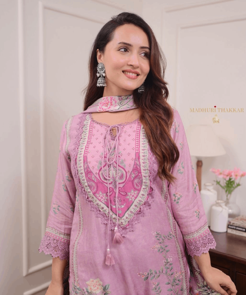 Lilac Muslin Pakistani Suit with Digital Prints and Hand Embroidery