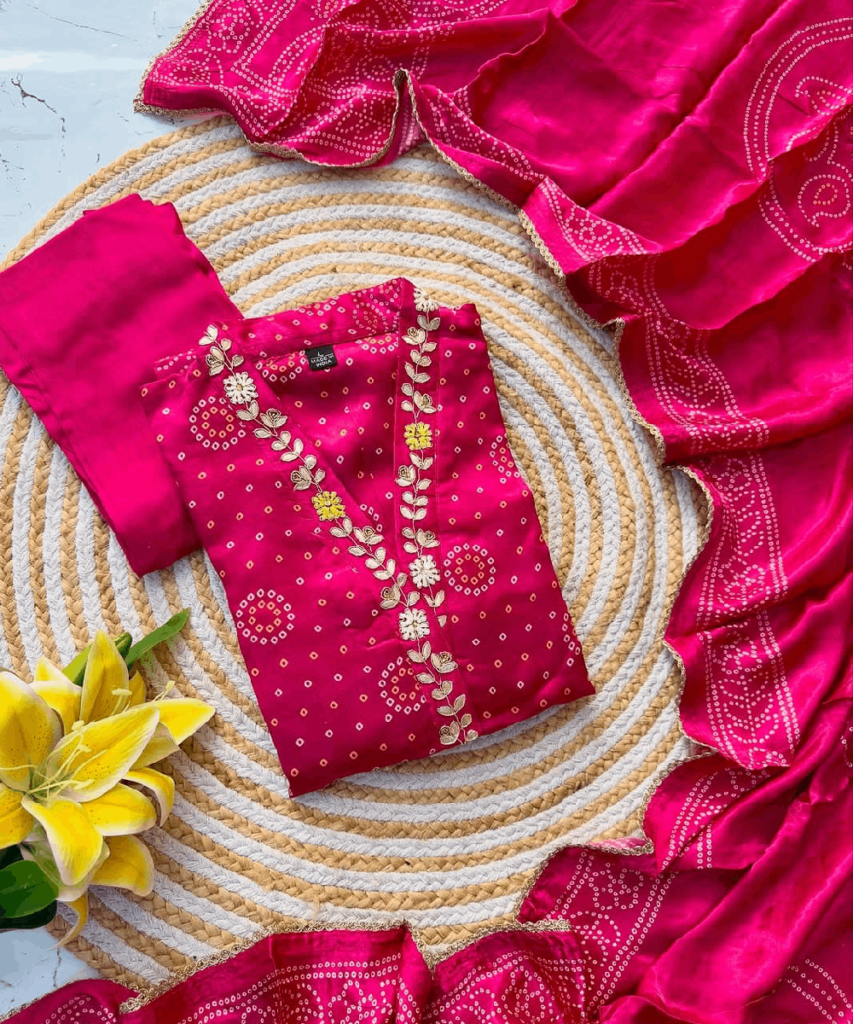 Premium Gajji Silk Kurta Set with Dupatta and Handwork Neckline