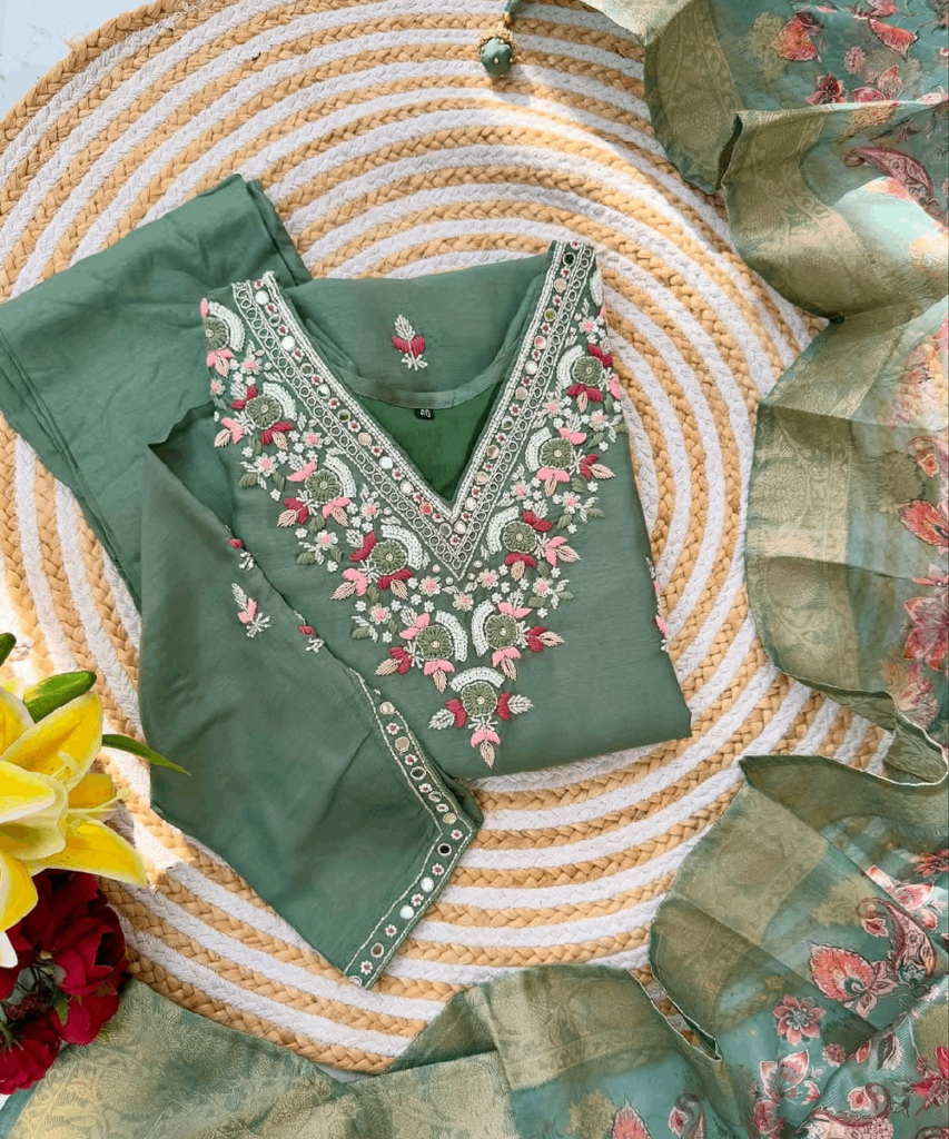 Elegant Green Handcrafted Dola Silk Set with Banarsi Dupatta