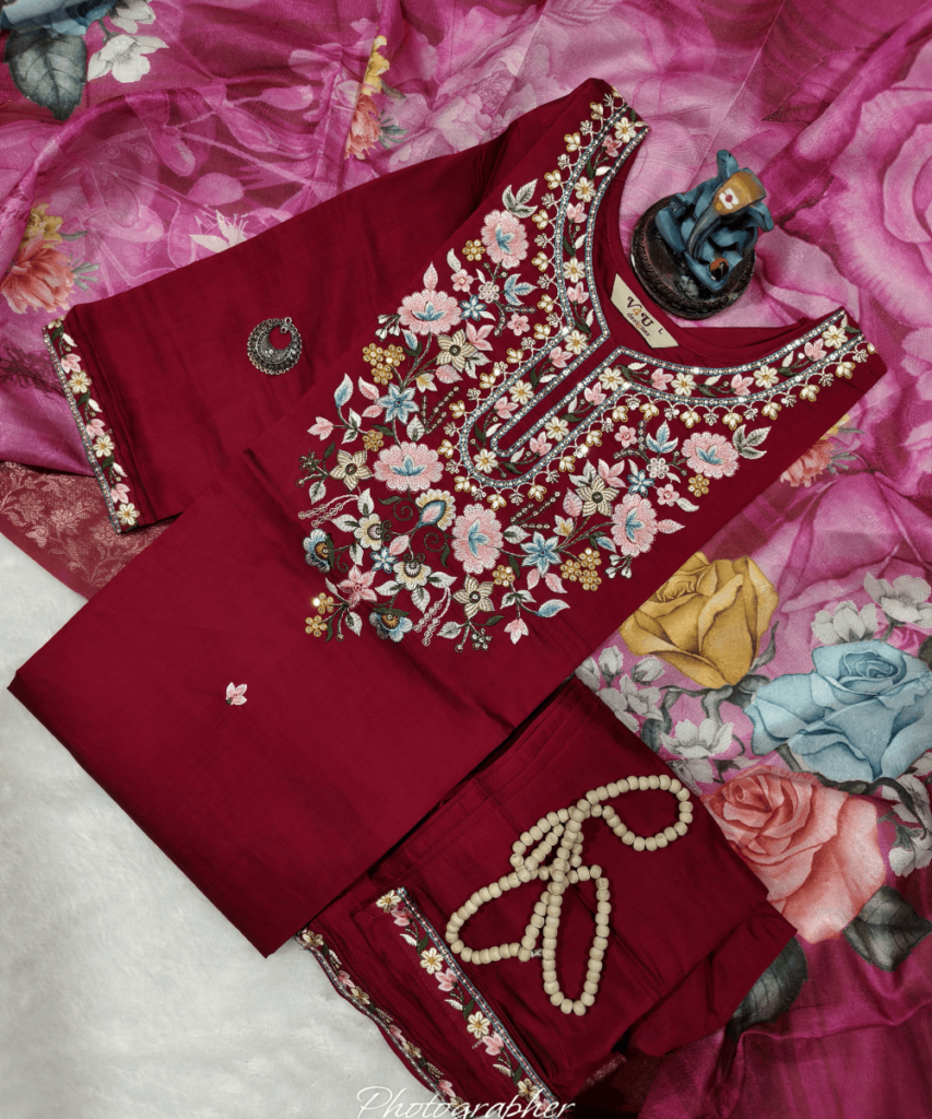 Heavy Roman Silk Kurta Set with Handwork, Cotton Inner, 3/4 Sleeves, Pant, and Digital Print Dupatta