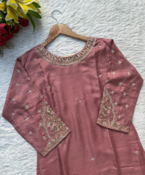 ANOLA Mauve Dola Silk Kurti Set with Banarasi Dupatta & Handwork Detailing-2