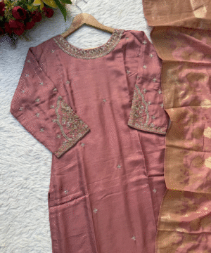 ANOLA Mauve Dola Silk Kurti Set with Banarasi Dupatta & Handwork Detailing