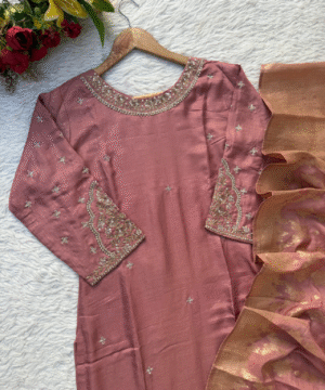 ANOLA Mauve Dola Silk Kurti Set with Banarasi Dupatta & Handwork Detailing-4