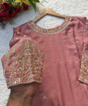 ANOLA Mauve Dola Silk Kurti Set with Banarasi Dupatta & Handwork Detailing-5