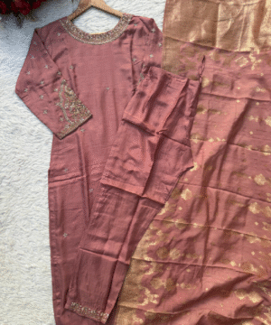 ANOLA Mauve Dola Silk Kurti Set with Banarasi Dupatta & Handwork Detailing-6
