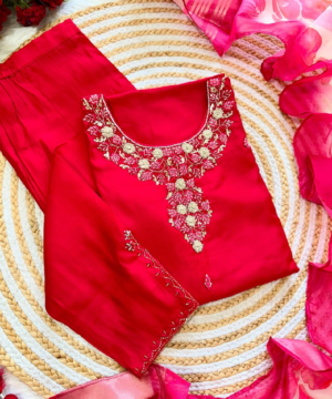 AVANTI Premium Pink Roman Silk Handcrafted Kurti Set with Printed Organza Dupatta-2