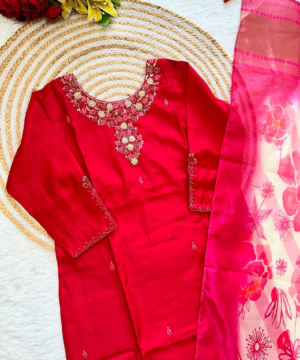 AVANTI Premium Pink Roman Silk Handcrafted Kurti Set with Printed Organza Dupatta-3