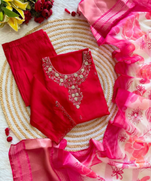 AVANTI Premium Pink Roman Silk Handcrafted Kurti Set with Printed Organza Dupatta