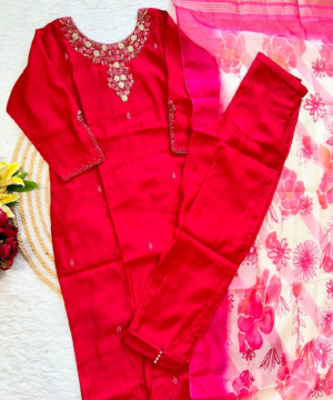 AVANTI Premium Pink Roman Silk Handcrafted Kurti Set with Printed Organza Dupatta-4