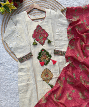 DISHA Off-White Shimmer Silk Party Wear Suit Set with Organza Dupatta
