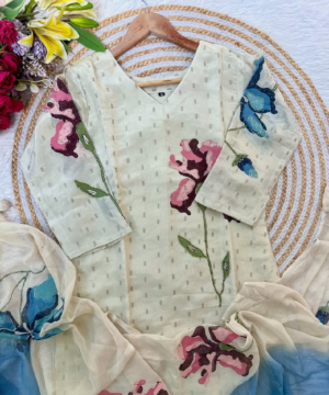 SUZEN Tissue Silk Handprinted Floral Kurta Set with Dual-Tone Chiffon Dupatta-14