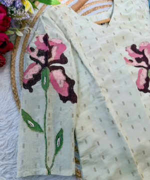 SUZEN Tissue Silk Handprinted Floral Kurta Set with Dual-Tone Chiffon Dupatta-5