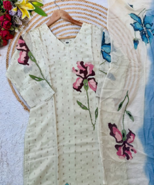 SUZEN Tissue Silk Handprinted Floral Kurta Set with Dual-Tone Chiffon Dupatta-7