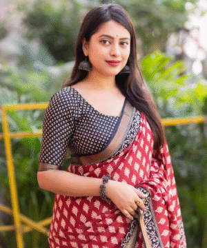 Ajrakh Style Soft Cotton Crape Saree with Zari Pattu Border & Running Blouse-11