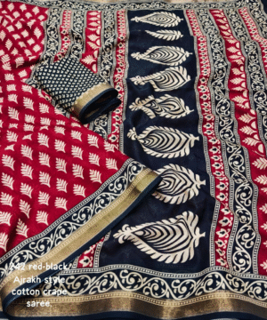 Ajrakh Style Soft Cotton Crape Saree with Zari Pattu Border & Running Blouse-13
