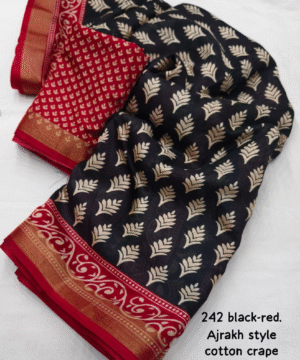 Ajrakh Style Soft Cotton Crape Saree with Zari Pattu Border & Running Blouse-3