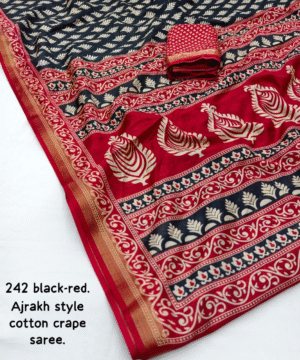 Ajrakh Style Soft Cotton Crape Saree with Zari Pattu Border & Running Blouse