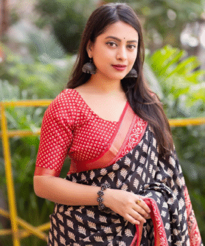 Ajrakh Style Soft Cotton Crape Saree with Zari Pattu Border & Running Blouse-4