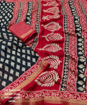 Ajrakh Style Soft Cotton Crape Saree with Zari Pattu Border & Running Blouse-7