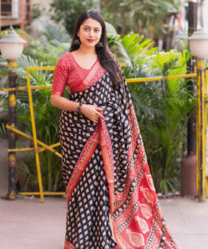 Ajrakh Style Soft Cotton Crape Saree with Zari Pattu Border & Running Blouse-8