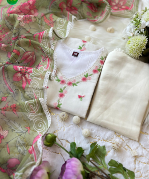 Banarasi Cotton Pakistani Suit Set with Organza Dupatta & Pearl Moti Mala-6