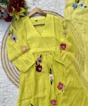Cheerful Yellow Mul Chanderi Anarkali Kurta Set with Handwork & Silk Bottom-3