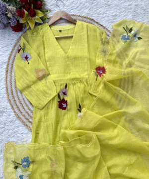 Cheerful Yellow Mul Chanderi Anarkali Kurta Set with Handwork & Silk Bottom