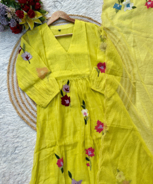 Cheerful Yellow Mul Chanderi Anarkali Kurta Set with Handwork & Silk Bottom-5
