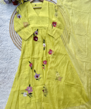 Cheerful Yellow Mul Chanderi Anarkali Kurta Set with Handwork & Silk Bottom-6