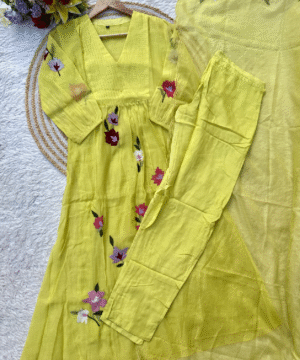 Cheerful Yellow Mul Chanderi Anarkali Kurta Set with Handwork & Silk Bottom-8