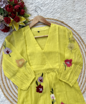 Cheerful Yellow Mul Chanderi Anarkali Kurta Set with Handwork & Silk Bottom-9
