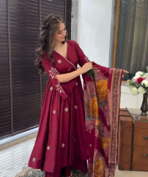 Designer Chinnon Silk Embroidered Gown Set with Plazzo & Digital Print Dupatta – Fully Stitched-10