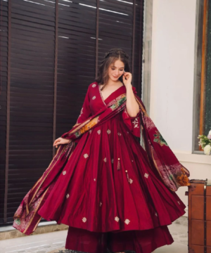 Designer Chinnon Silk Embroidered Gown Set with Plazzo & Digital Print Dupatta – Fully Stitched-11