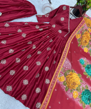 Designer Chinnon Silk Embroidered Gown Set with Plazzo & Digital Print Dupatta – Fully Stitched