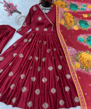 Designer Chinnon Silk Embroidered Gown Set with Plazzo & Digital Print Dupatta – Fully Stitched-4