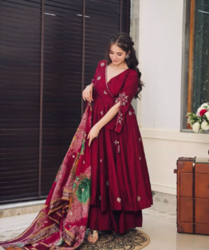 Designer Chinnon Silk Embroidered Gown Set with Plazzo & Digital Print Dupatta – Fully Stitched-7