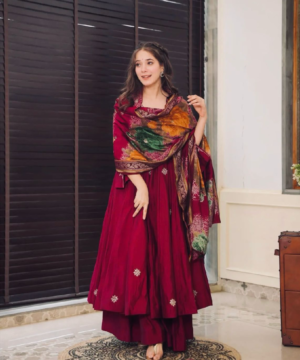 Designer Chinnon Silk Embroidered Gown Set with Plazzo & Digital Print Dupatta – Fully Stitched-8