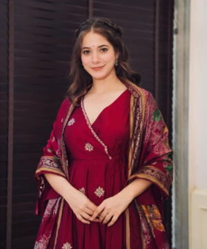 Designer Chinnon Silk Embroidered Gown Set with Plazzo & Digital Print Dupatta – Fully Stitched-9