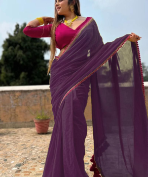 Elegant Georgette Saree with Embroidery Lace Border & Bangalore Silk Blouse-2
