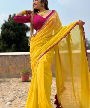 Elegant Georgette Saree with Embroidery Lace Border & Bangalore Silk Blouse-3