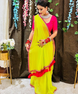 Elegant Georgette Saree with Embroidery Lace Border & Bangalore Silk Blouse