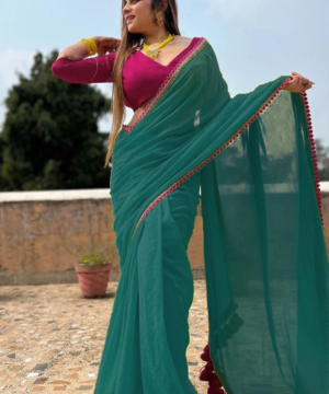 Elegant Georgette Saree with Embroidery Lace Border & Bangalore Silk Blouse-5