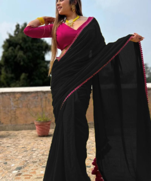 Elegant Georgette Saree with Embroidery Lace Border & Bangalore Silk Blouse-6